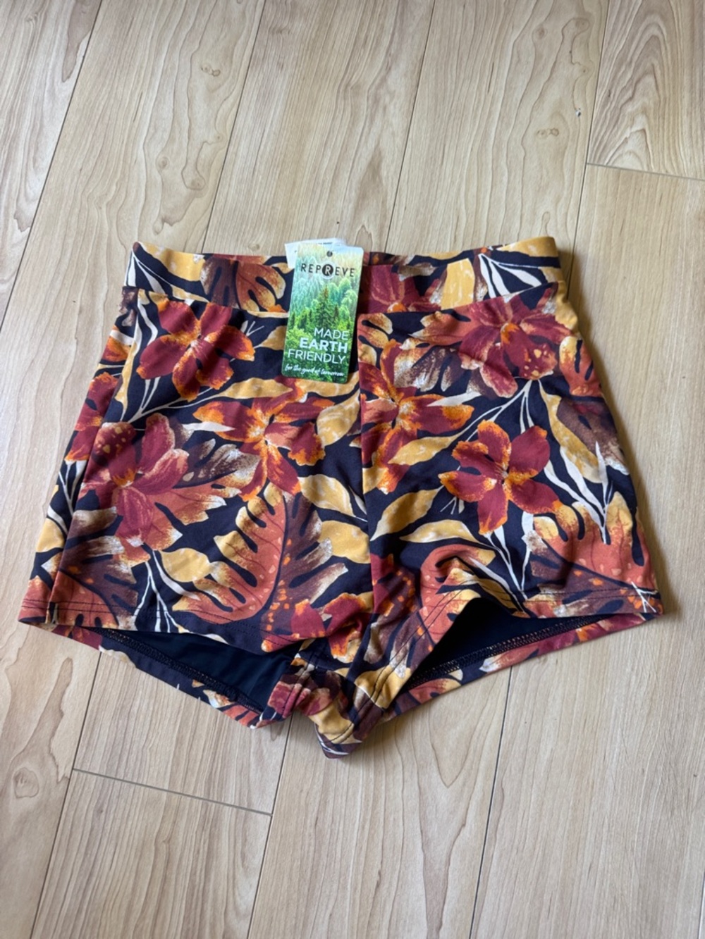 Women's Floral High-Rise Bike Shorts - Black with Rust & Mustard Floral